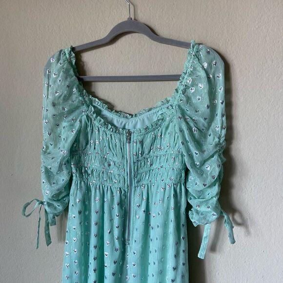 For Love & Lemons Eden Silk Midi Mint Green Dress Blend Metallic Hearts Size S - Picture 7 of 9
